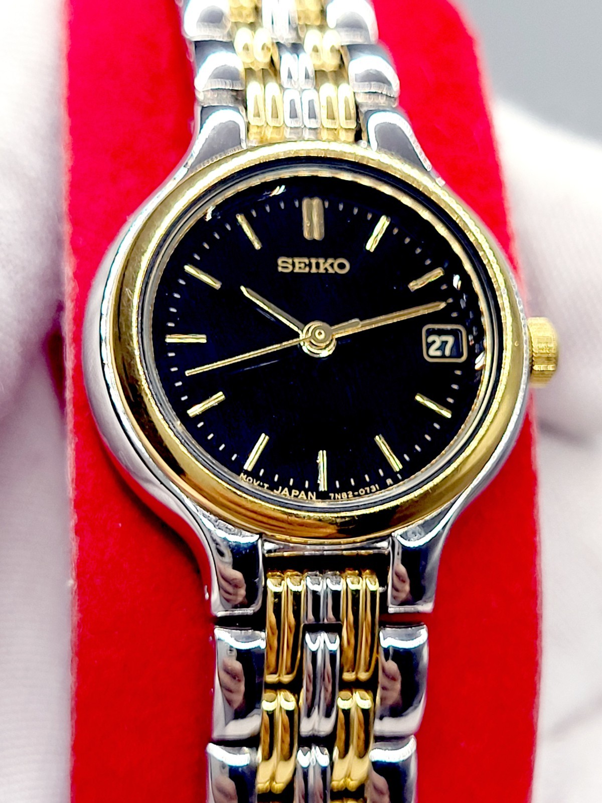 Seiko Watch Women 23mm Black Dial 1995 Two Tone Date Round 7N82-0228 New Battery