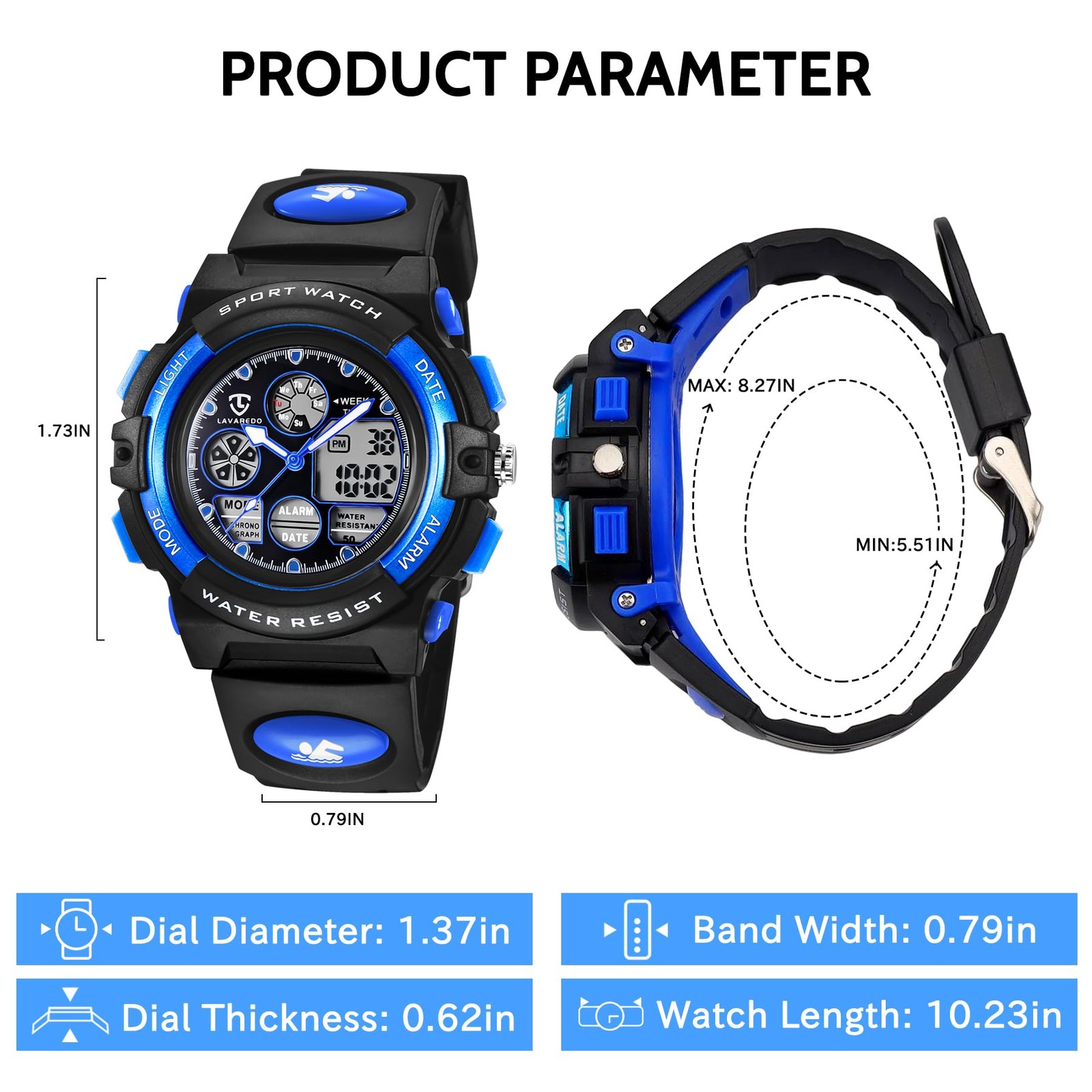 Bomieux Kids Analog Digital Waterproof Watch, Alarm, Stopwatch, Ages 01-Blue