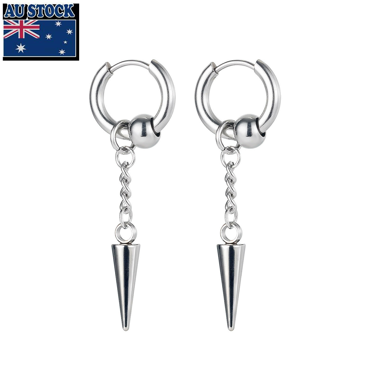 Man Woman Stainless Steel Bead Spike Cone Taper Stud Earring Drop Tassel 2 PCS