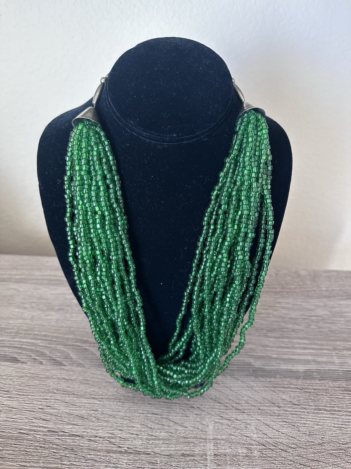Vintage Southwestern Multi Strand Green Glass Seed Bead Necklace Silver Tone