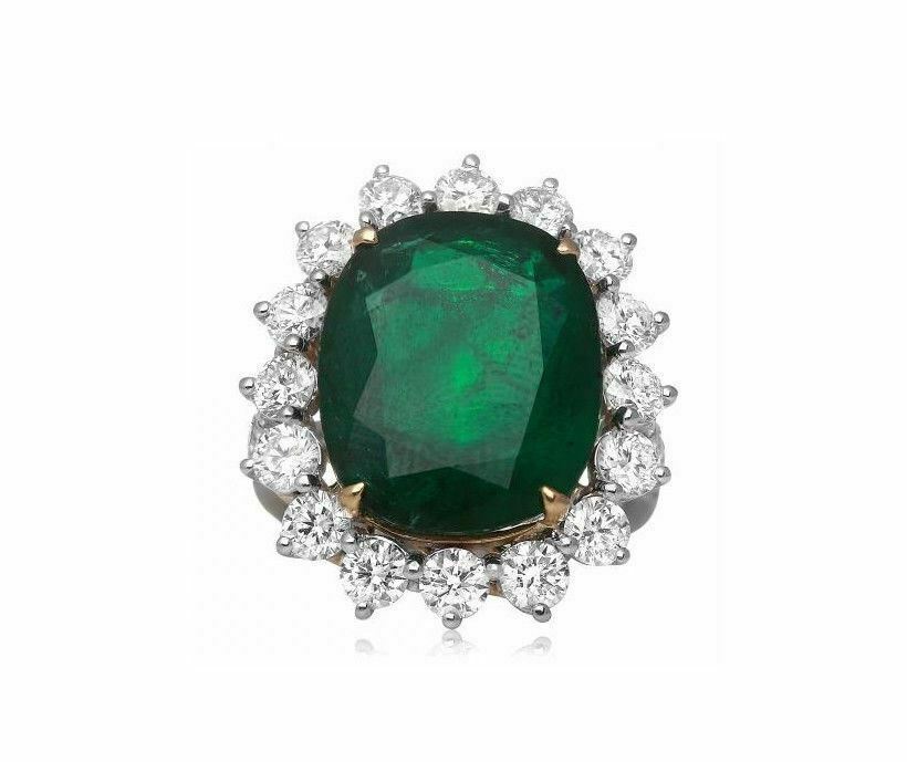 GIA CERTIFIED 15.02CT DIAMOND & AAA EMERALD 18K 2 TONE GOLD HALO ENGAGEMENT RING