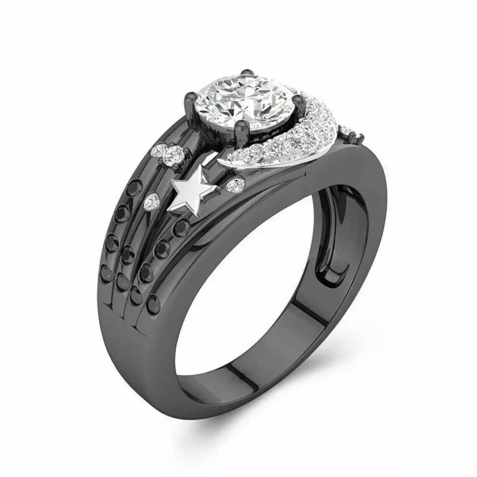 Art Deco Style Lab-Created Diamond Moon Star Birthday Ring 14k Two-Tone Gold FN