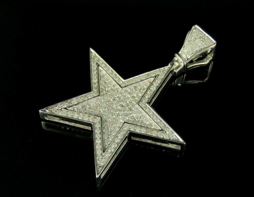 Men’s 14K White Gold Over Diamond Star Pendant Charm 1.35 CT 1.75″
