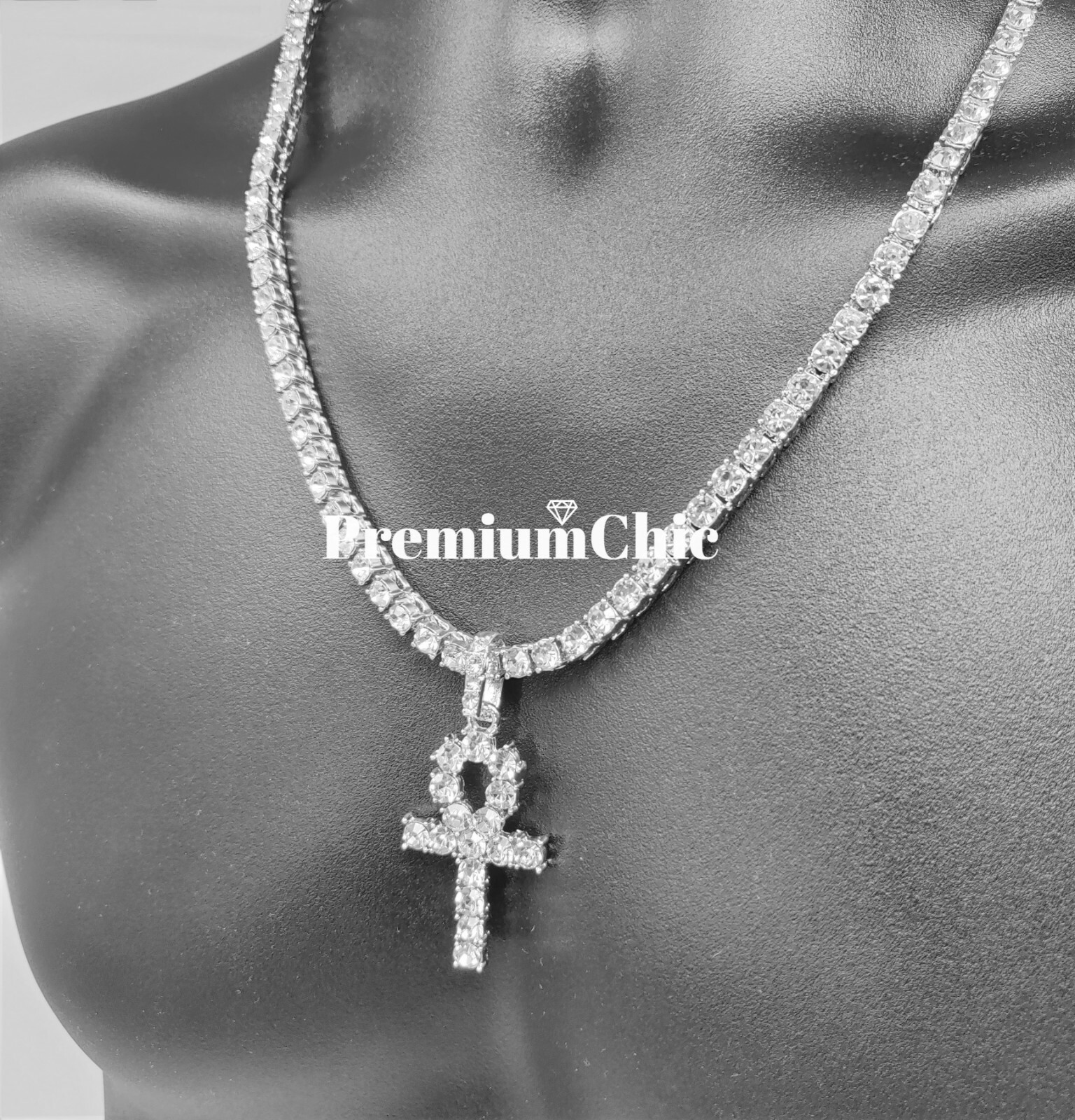 ANKH Cross Pendant ICED Tennis Chain Gold Plated Silver Rose Hip Hop CZ Necklace
