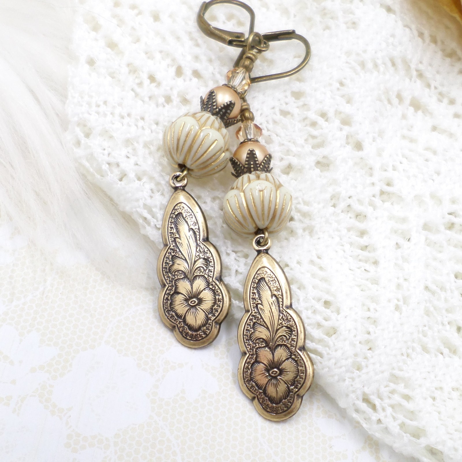 Victorian Floral Brass Earrings, Cream Acrylic Bead Handmade Dangle Jewelry