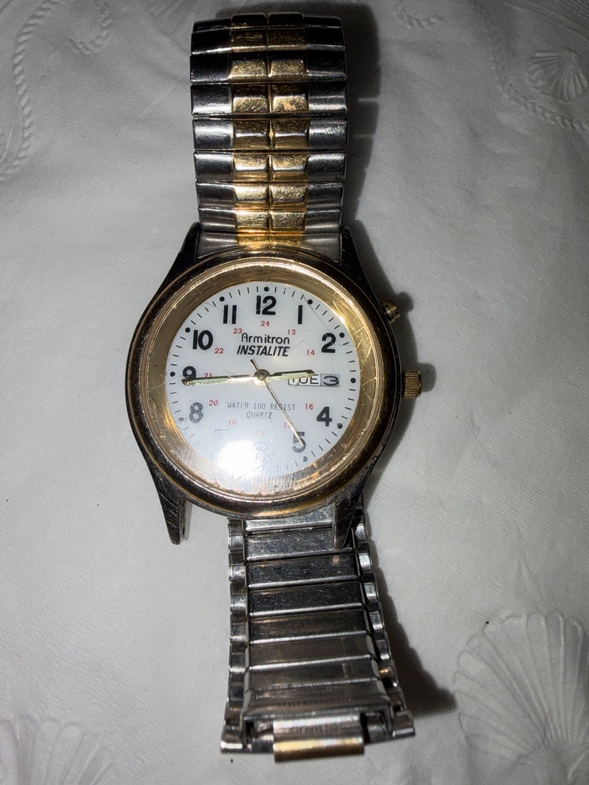 Armitron Instalite Quartz 100ft WR Day/Date White Dial Two-Tone Bracelet