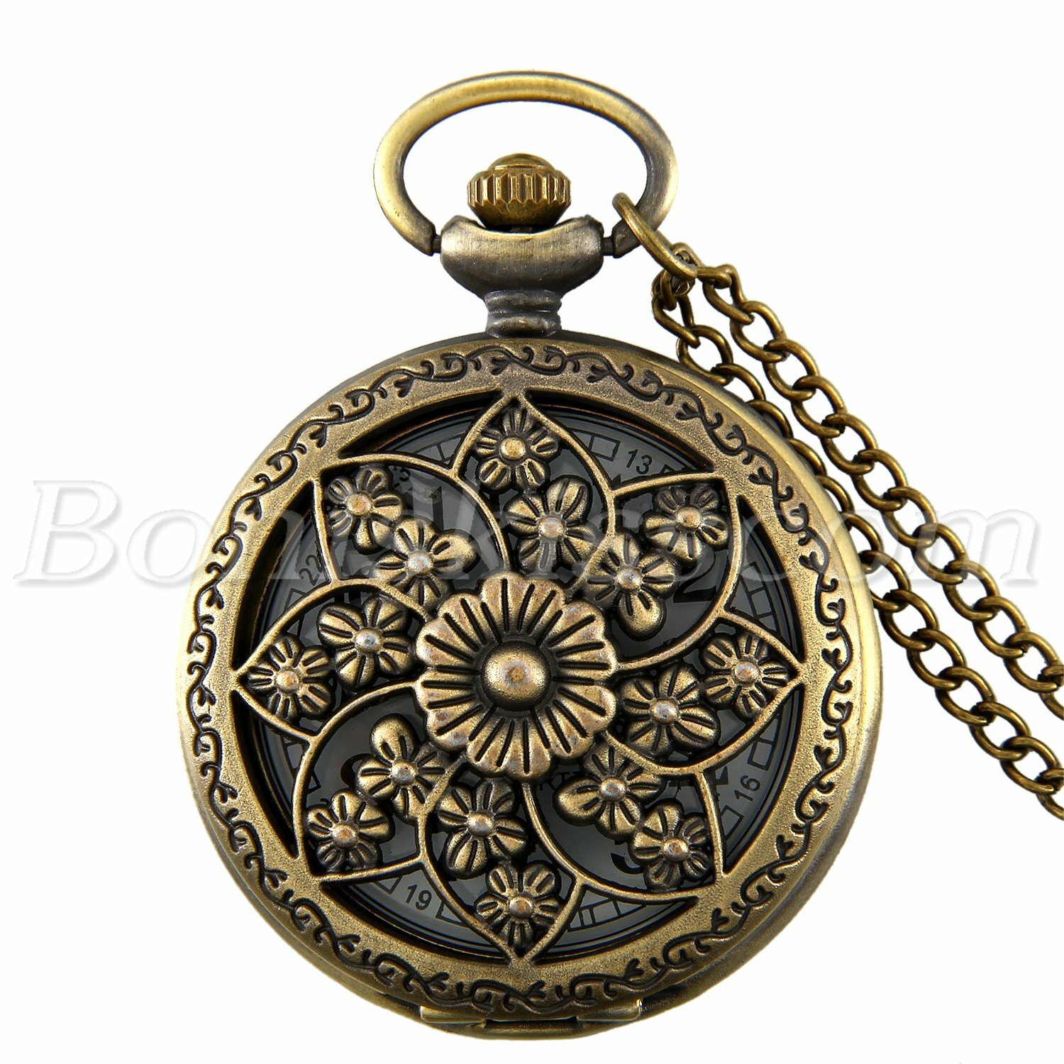 Antique Retro Camellia Carved Quartz Pocket Watch Pendant Necklace Sweater Chain