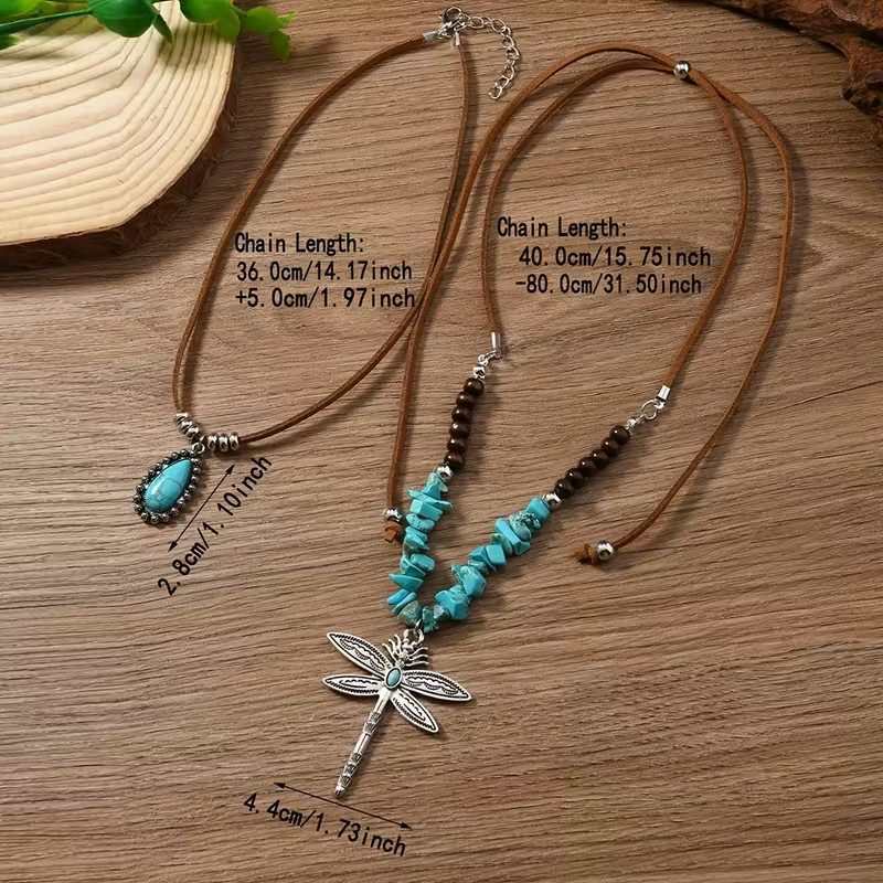 Turquoise Dragonfly Dual Necklace Jewelry American Nature Silvery Pendant