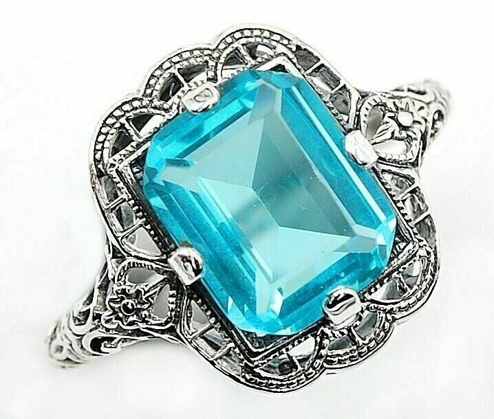 2CT Aquamarine 925 Sterling Silver Nouveau Style Ring Sz 6,7,8 XK2