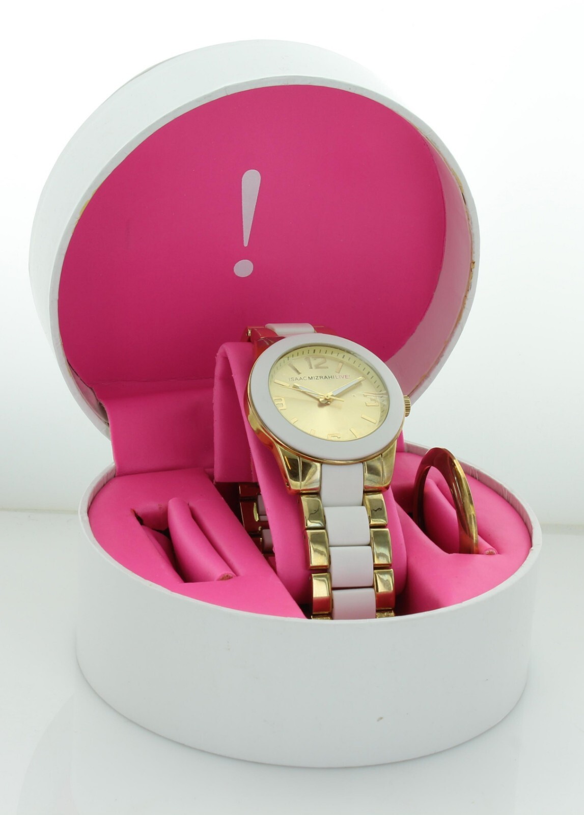 NIB Isaac Mizrahi Live! Ladies Two Watch Gold tone/white & 1 Extra Bezel