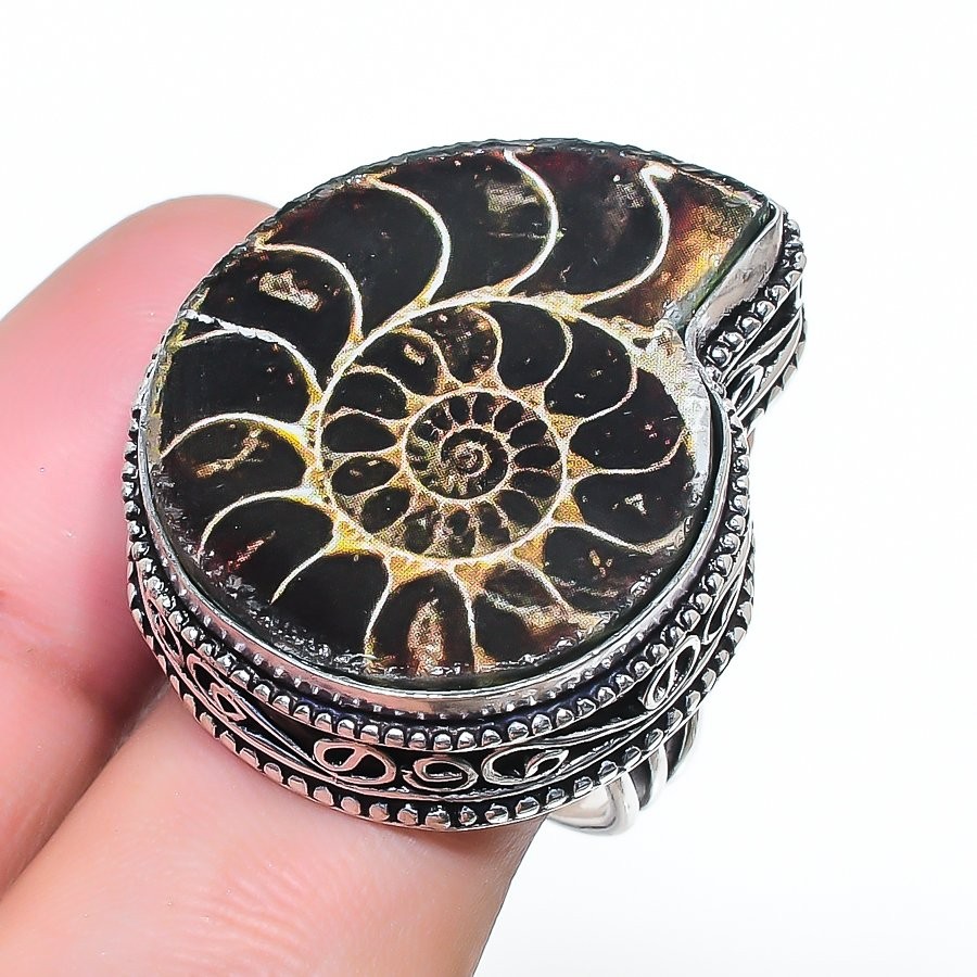 Ammonite Fossil Gemstone Handmade 925 Sterling Silver Jewelry Ring Size 8 L497