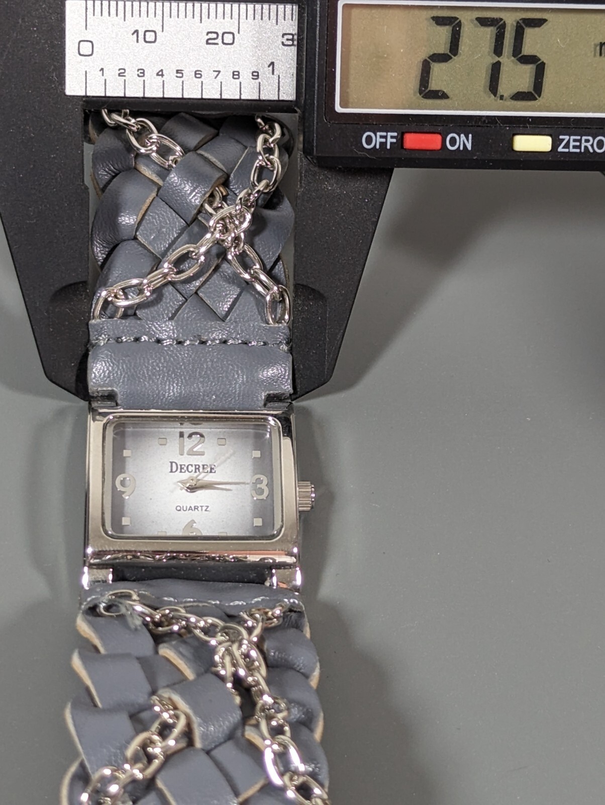 Decree Gray Dial Silver Tone Square Case Chain Faux Leather Band Watch 7.5 Inch
