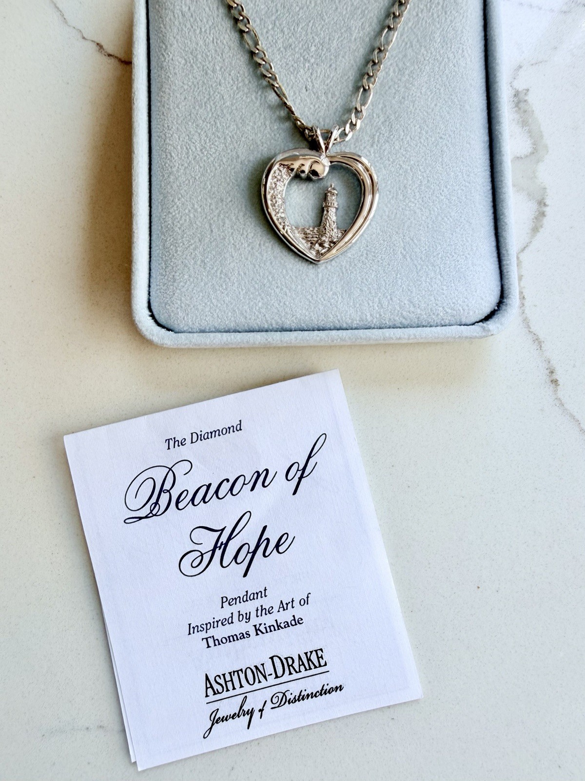 Thomas Kinkade Beacon of Hope Sterling Diamond Lighthouse Heart Pendant Necklace