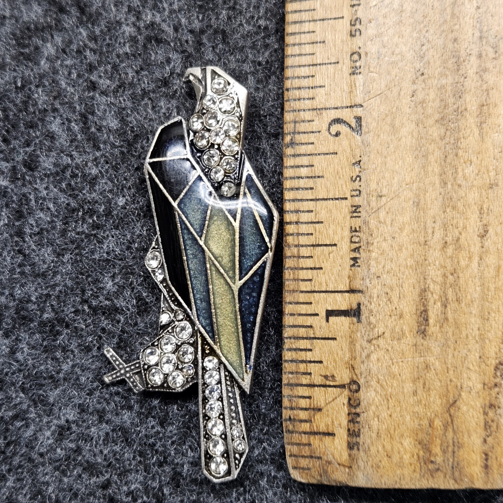 Art Nouveau Rhinestone EAGLE Brooch Pin Black Gray Yellow Enamel Silver Tone
