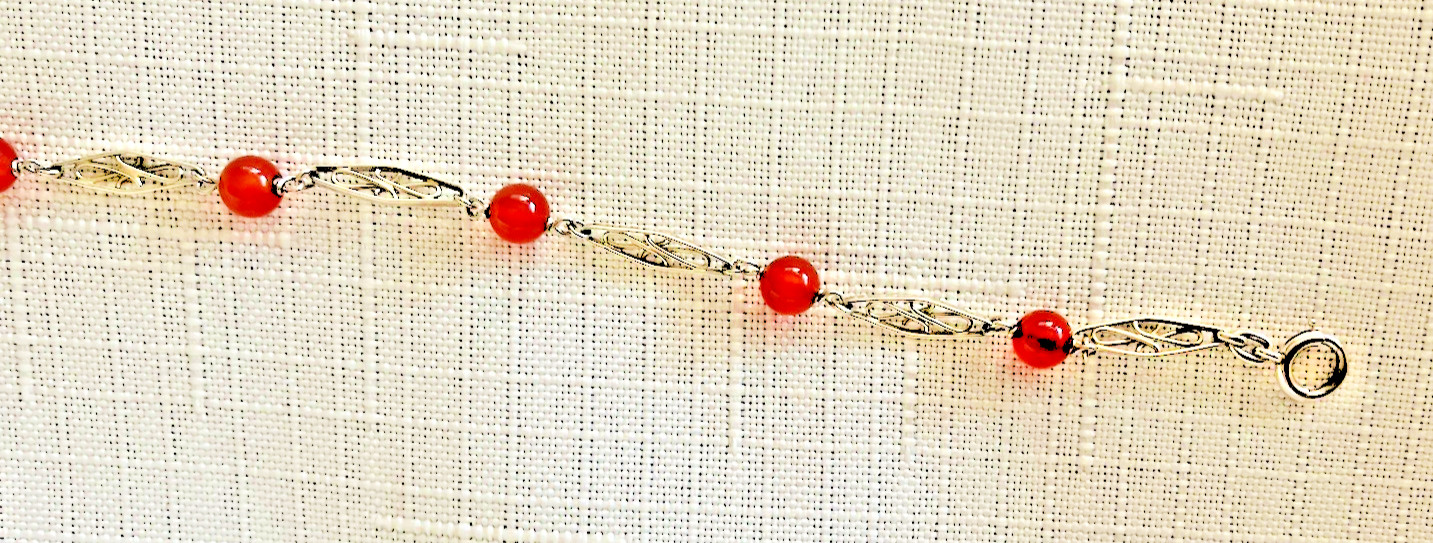 Dainty 10K White Gold Spessartine Garnet Bead Filigree Link Bracelet Vintage