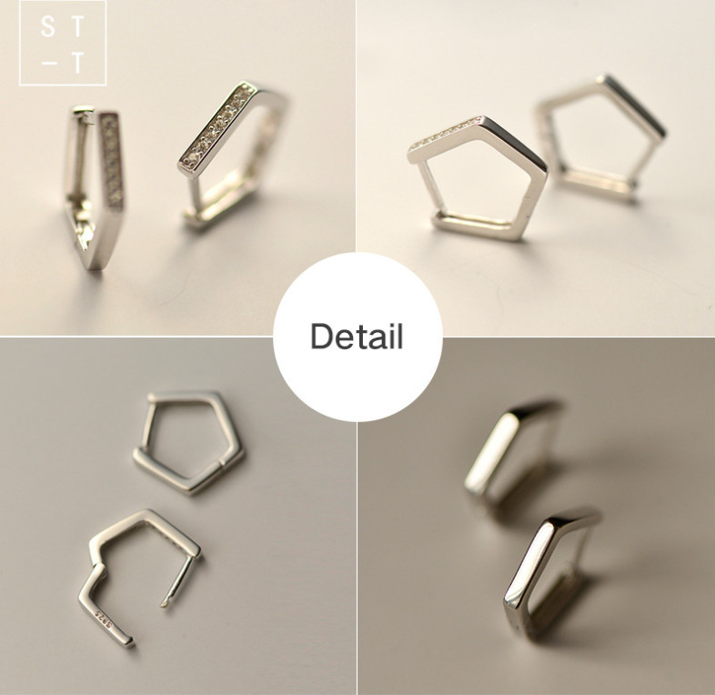 Women 925 Silver Tone Geometric Pentagon CZ Huggie Hoop Earrings 14mm TH1