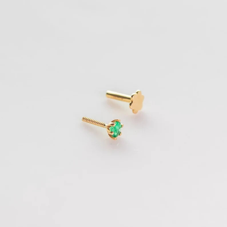 Natural 0.05Ct Emerald Tragus Helix Nose Screw Stud Piercing Pin 14K Yellow Gold