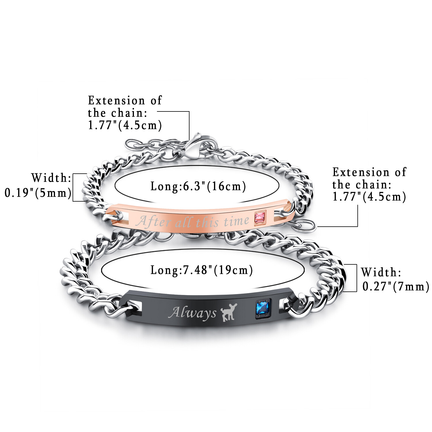 2Pcs/Set Men Women Stainless Steel CZ Rosegold Black Couple Bracelet Bangle Gift