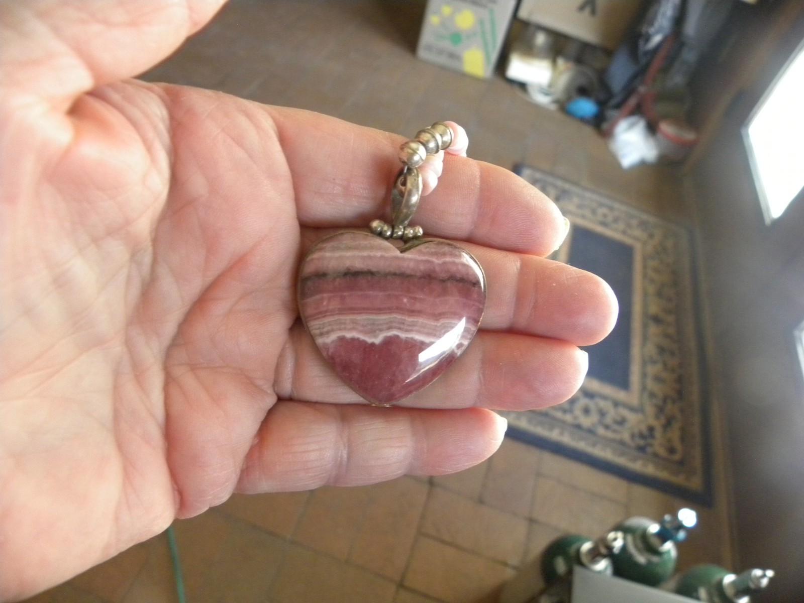 RHODOCHROSITE SIGNED STERLING HEART PENDANT QUEEN CONCH NECKLACE 20″