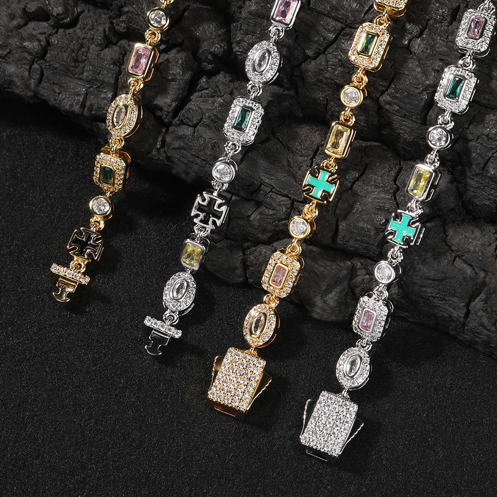Iced Out Multi Color Gem Cross Link Chain Gold Hip Hop Unisex Statement Necklace