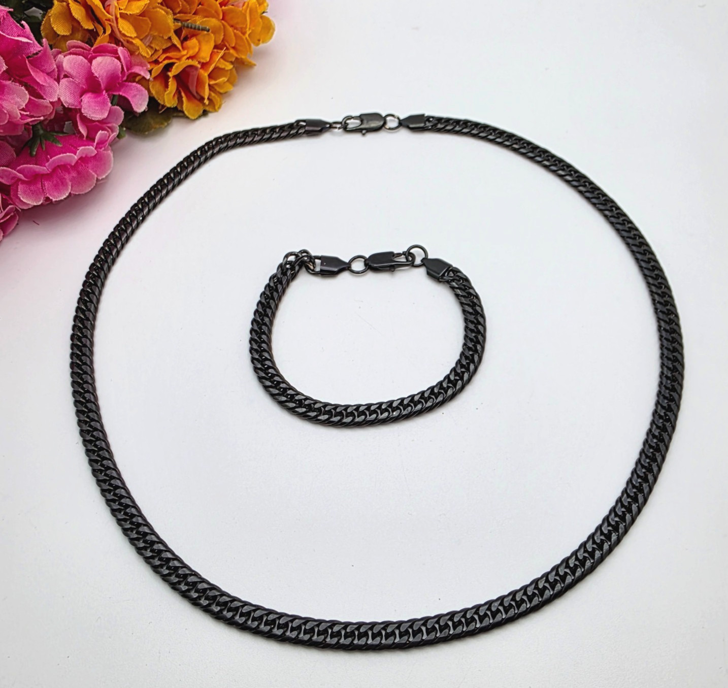 Steel Time Black Stainless Steel Curb Chain Necklace Bracelet Set 24in 8.25in