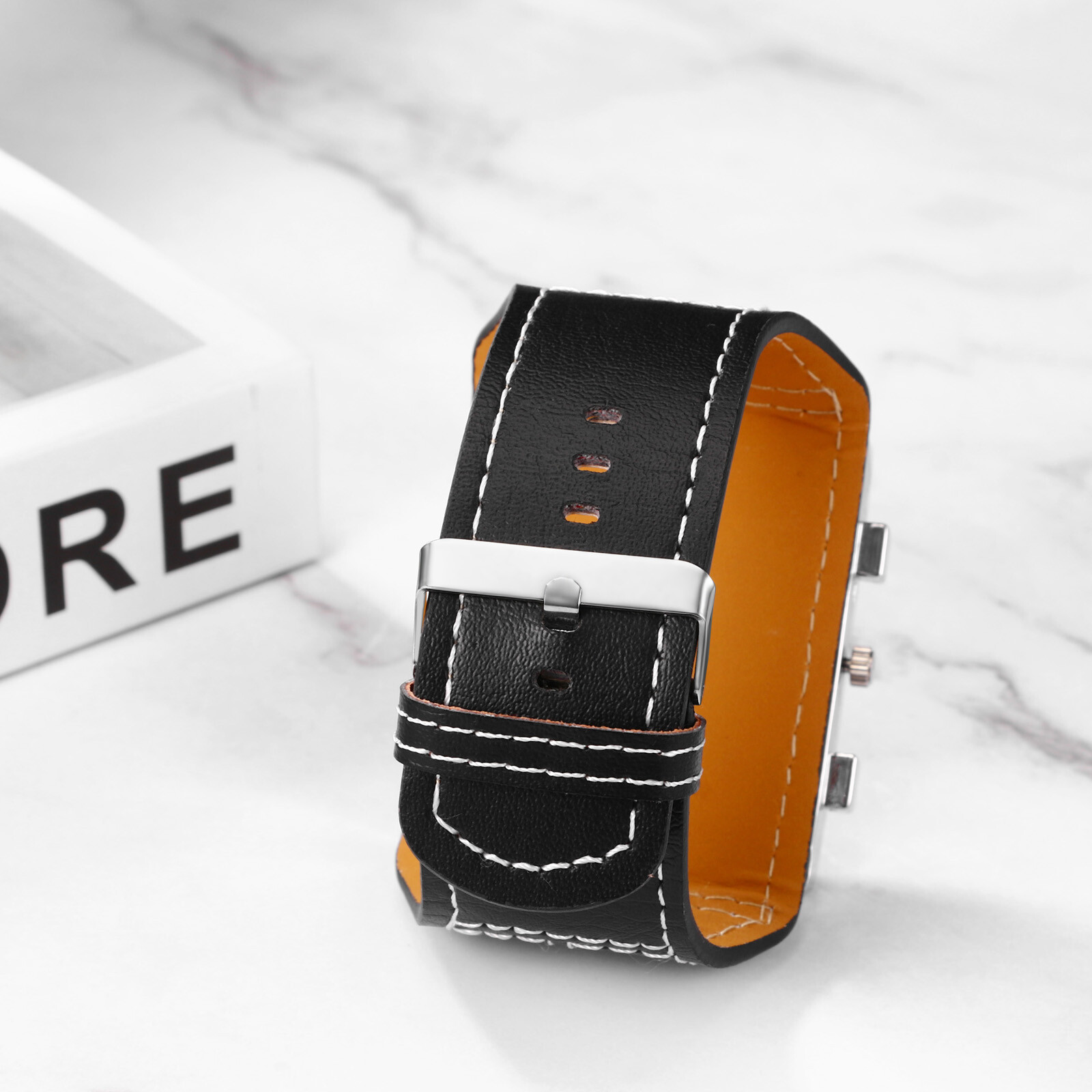 Mens Punk Wide Leather Cuff Band Big Square Dial Analog Quartz Biker Wrist Watch