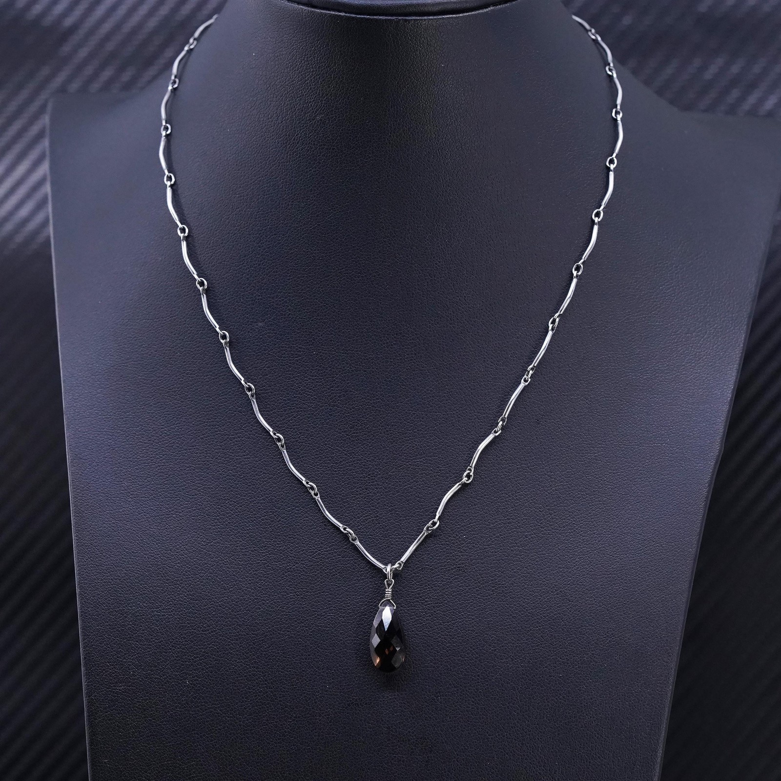 16”, sterling silver 925 DNA bone chain necklace teardrop smoky quartz