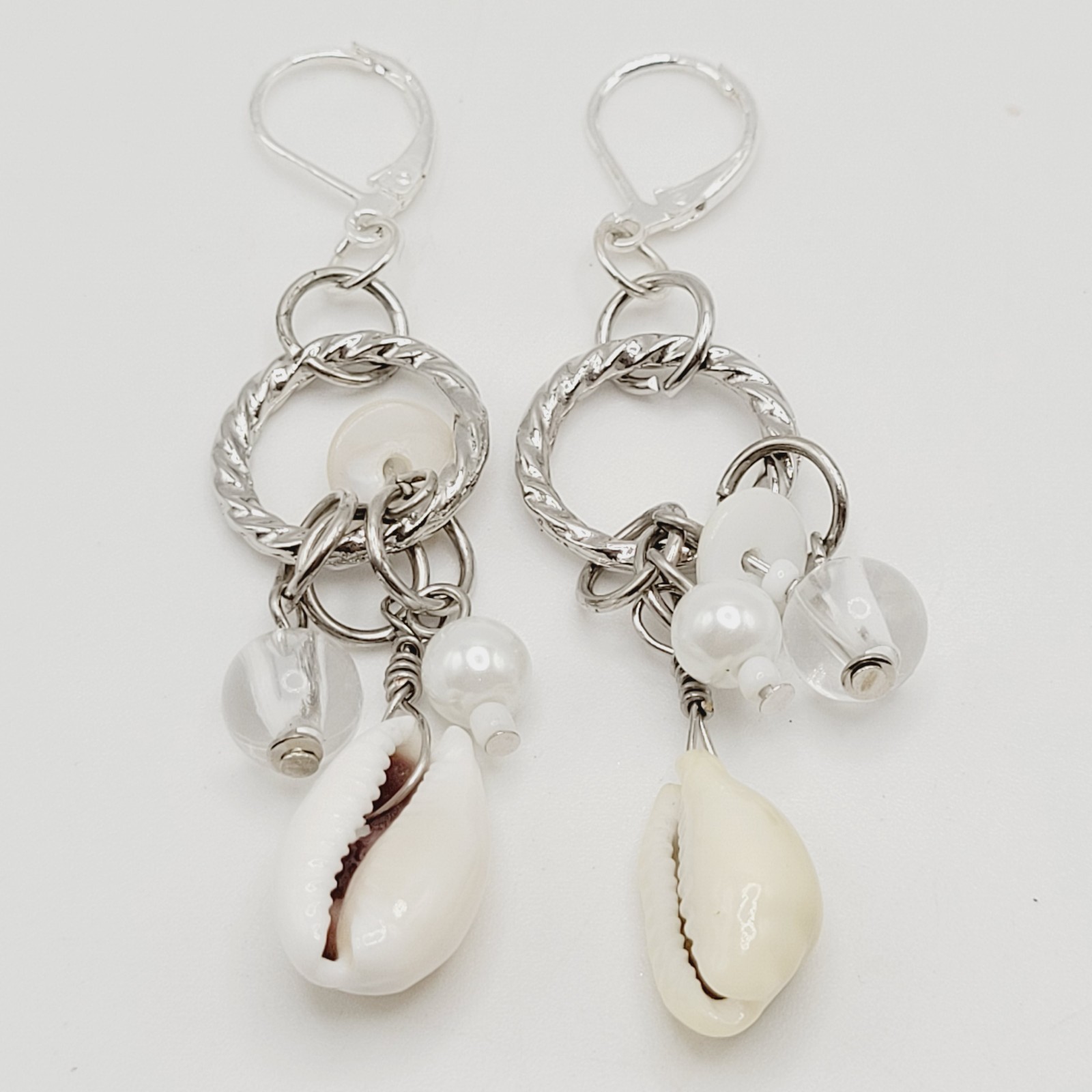 Handcrafted Boho Cowrie Shell Dangle Earrings Silver Tone Cluster Beaded Coastal
