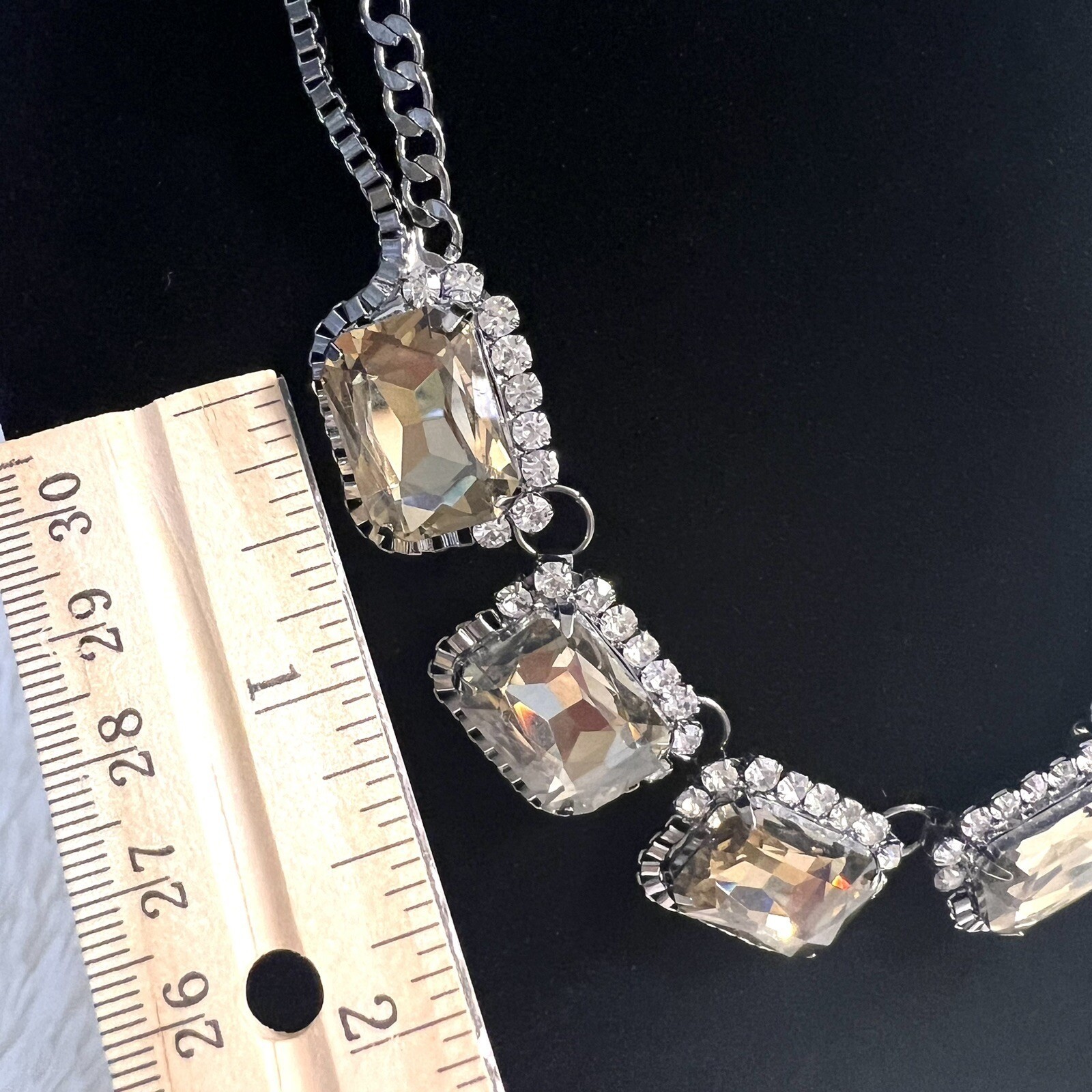 FAUX CITRINE RHINESTONE GLASS SILVER TONE CHOKER DOUBLE CHAIN NECKLACE 16.5″+ 3″