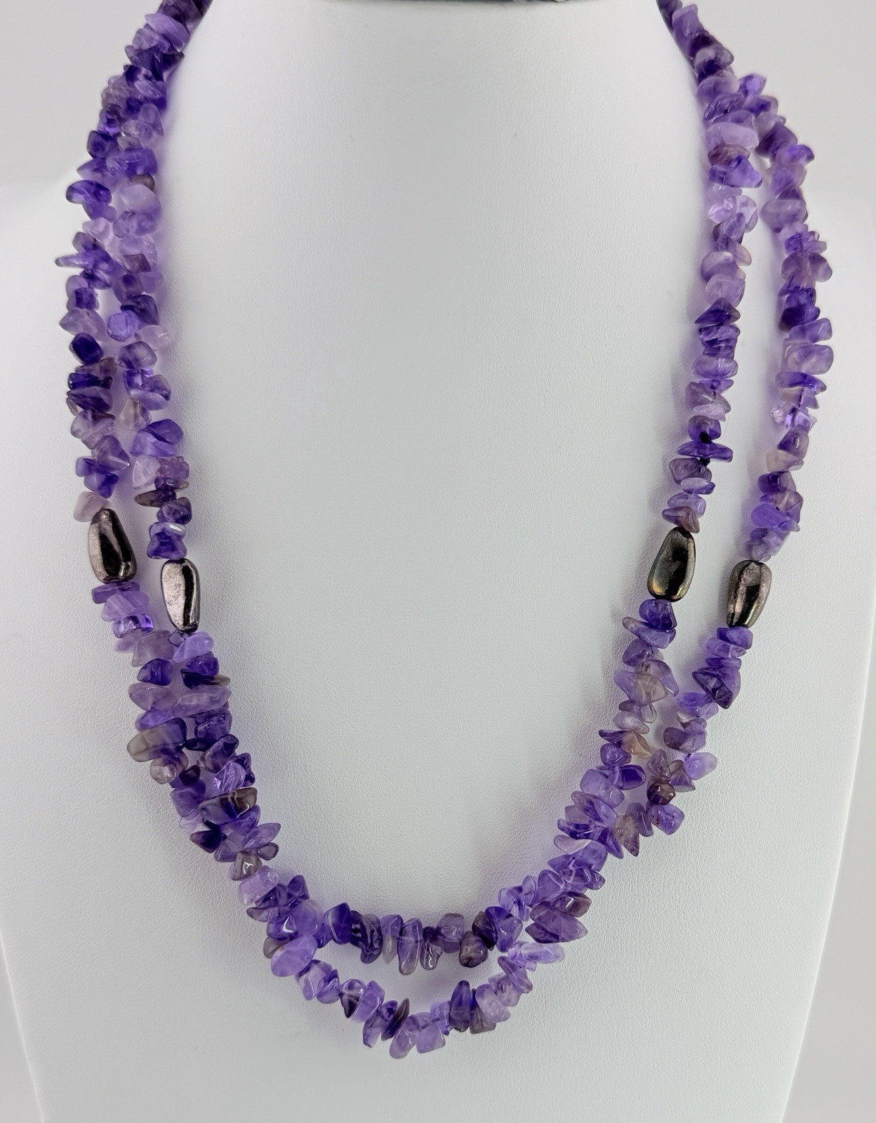 Amethyst Chip Necklace 39.5” Long Strand Hematite Beads 925 Sterling Clasp