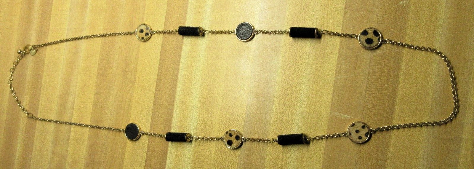 SIGNED CHICOS 40″ black brown leopard print gold tone rev. metal chain Necklace