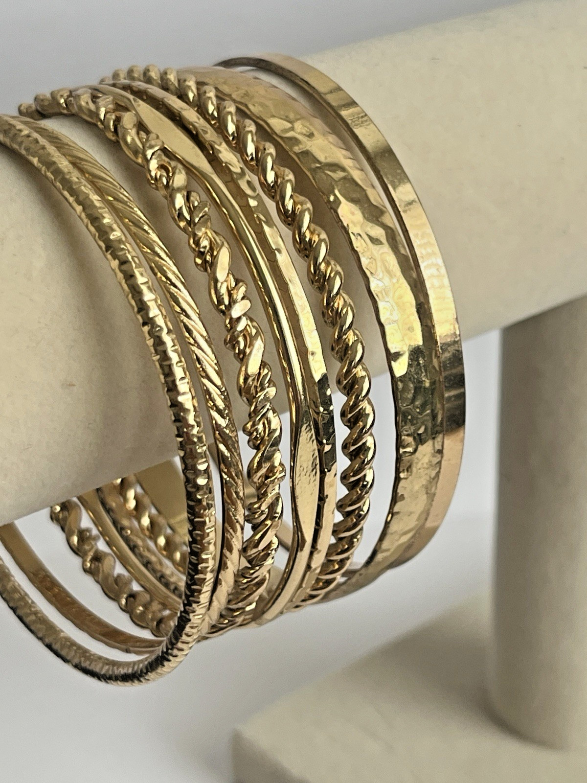 Bright Gold Tone Bangle Bracelet Set 8 Stackable Mixed Texture 8-8.25in