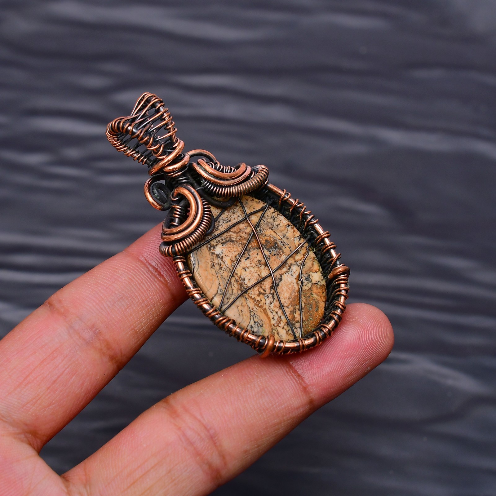 Picture Jasper Gemstone copper wire wrapped Handmade pendant Jewelry 2.16″