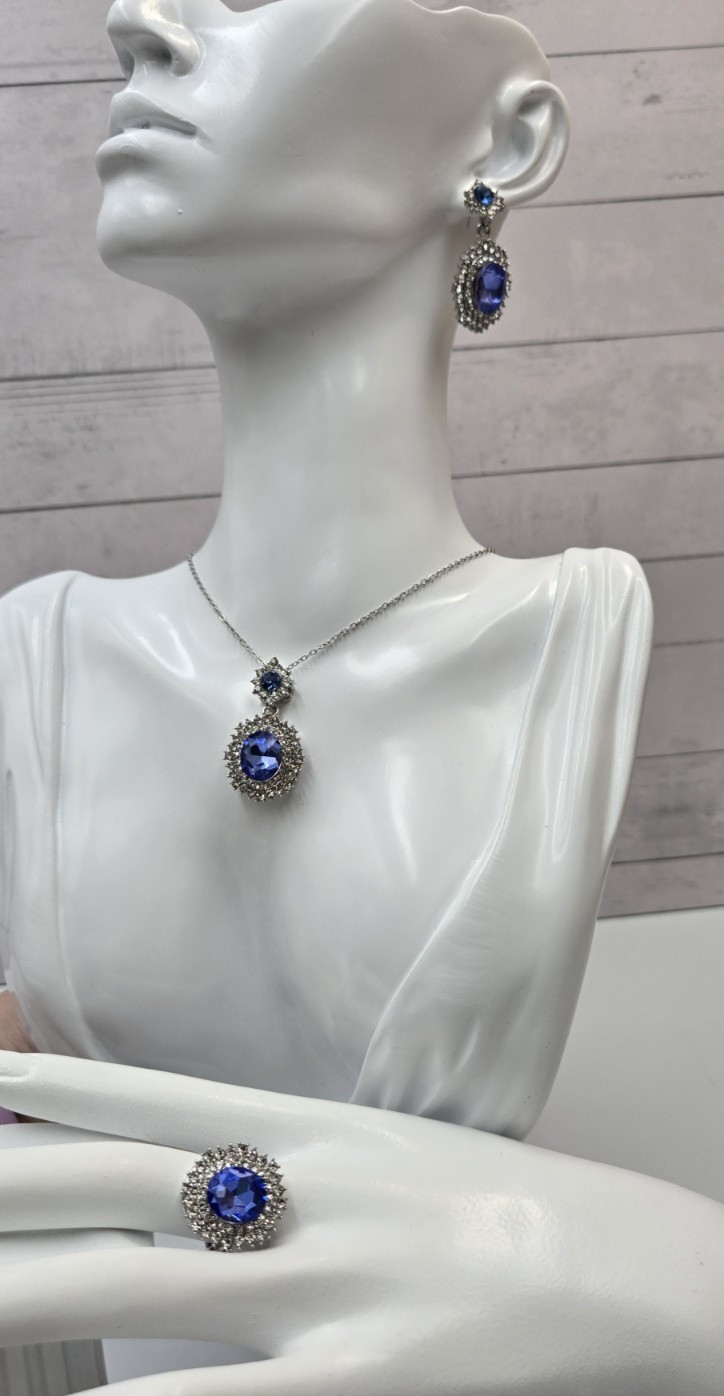 Blue Rhinestone Necklace Earring Ring Set Silver Tone Prom Formal 181