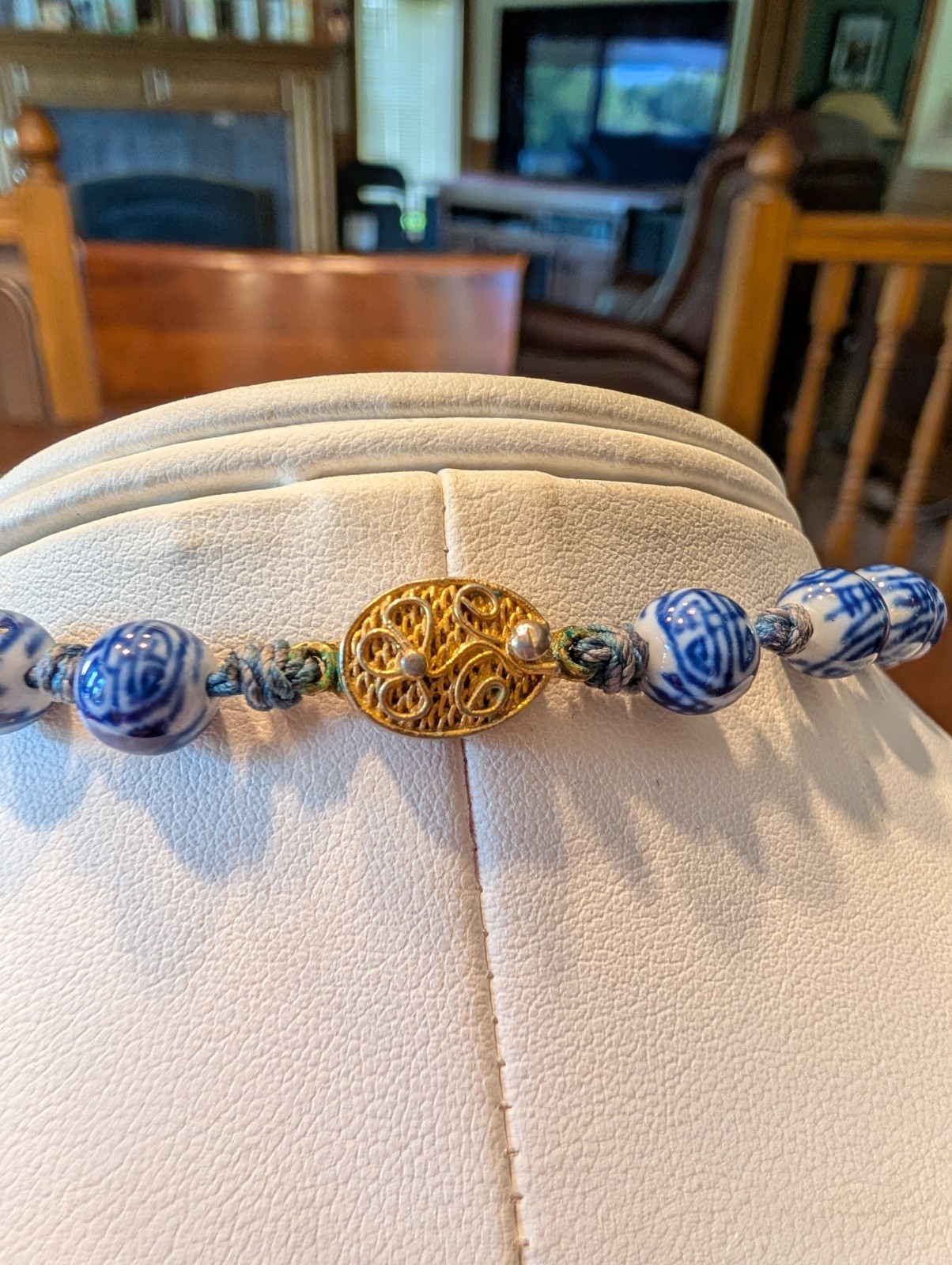 Vintage Chinese Export Blue White Porcelain Shou Knotted Bead 24” Necklace