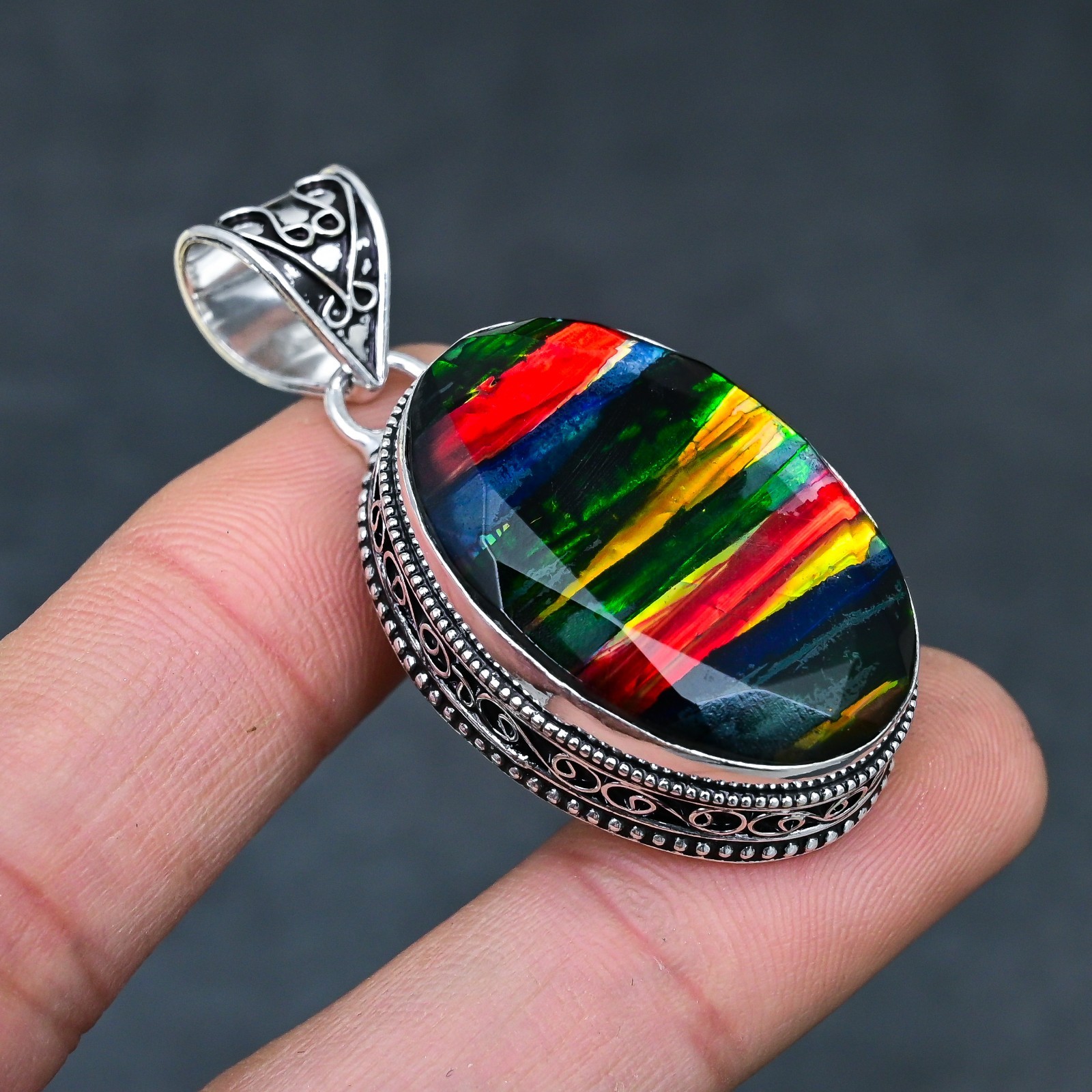 Ammolite Opal Gemstone 925 Sterling Silver Pendant Handmade Jewelry Gift For