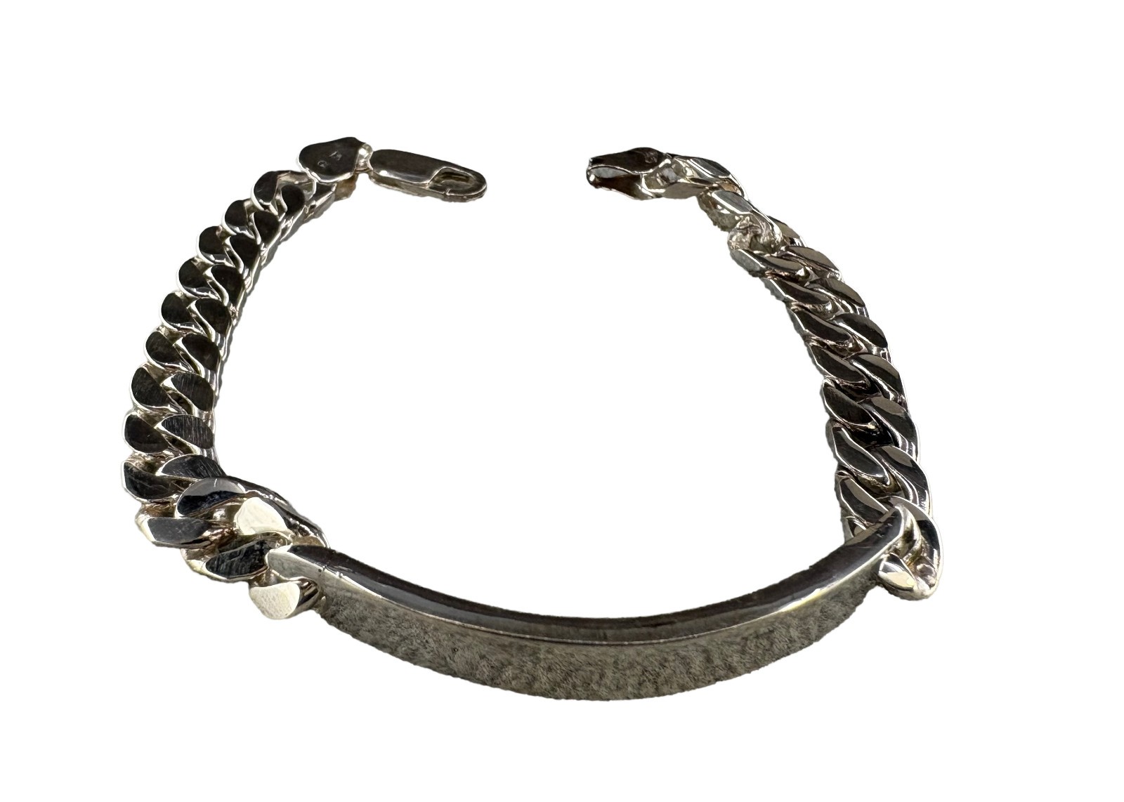 Solid 925 Sterling Silver Curb Cuban Link ID Bar Bracelet 190mm) 21.4g