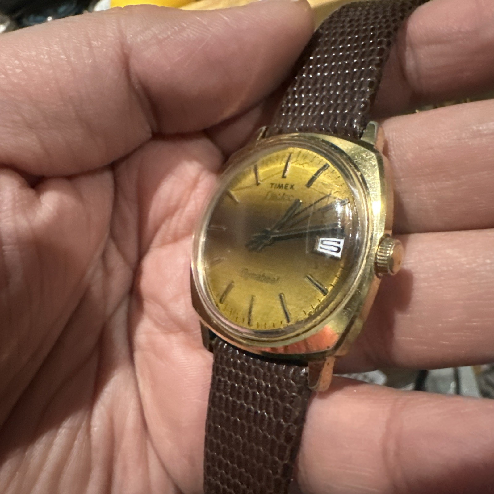 Works VTG Timex Electric Dynabeat Sunburst Mens Watch Gold Stuller Strap 34mm 7”