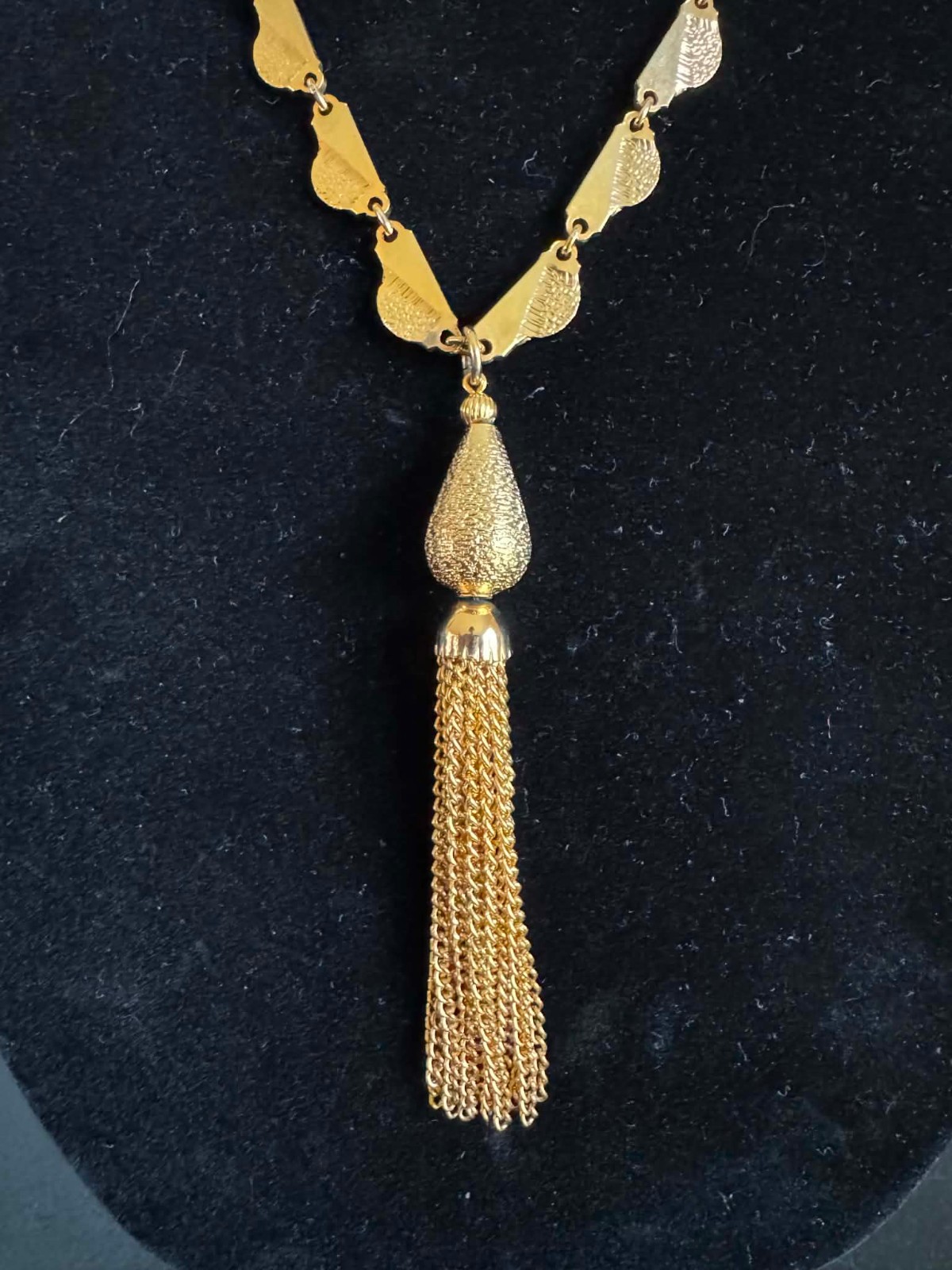 Vintage “Kramer” Textured Gold Tone Pendant Tassel Necklace ~ 18 inches