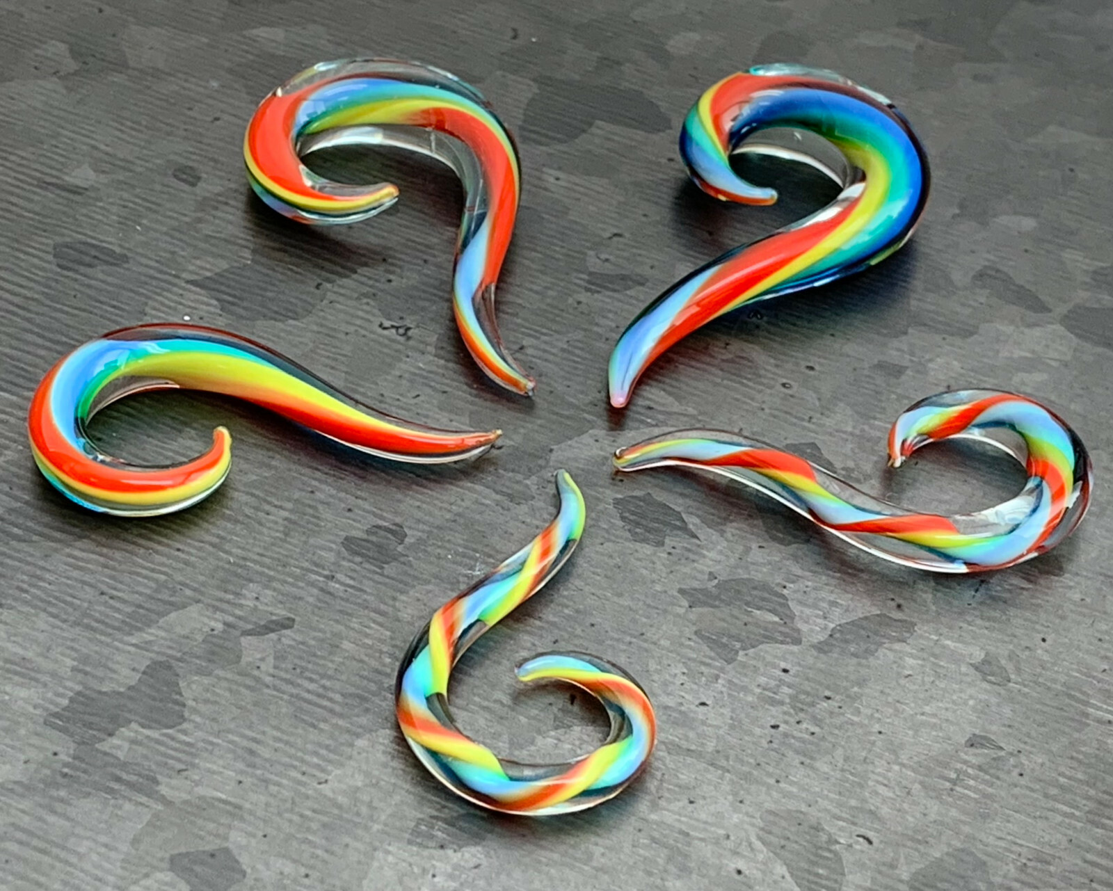 PAIR Rainbow Glass Spiral Hanging Tapers Expanders Plugs Gauges Body Jewelry