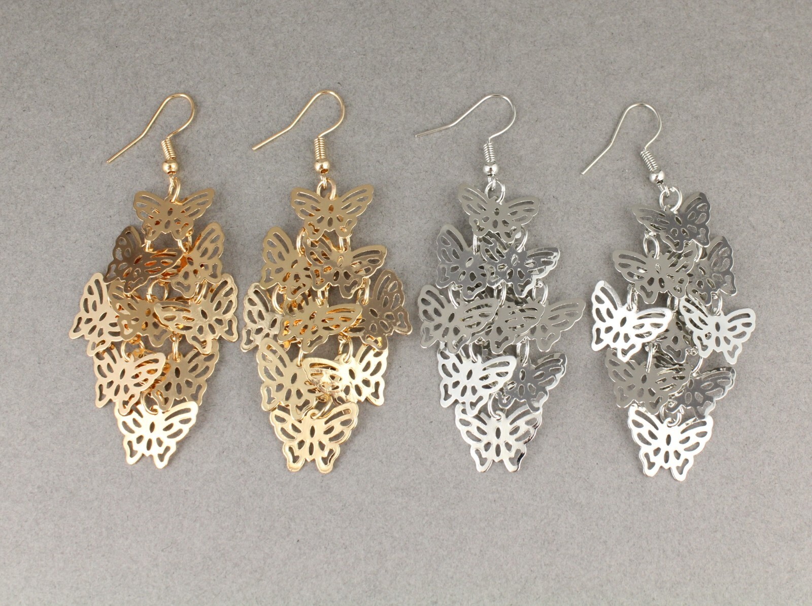 Gold chandelier earrings filigree butterfly dangle pendant wiggly 3″ long