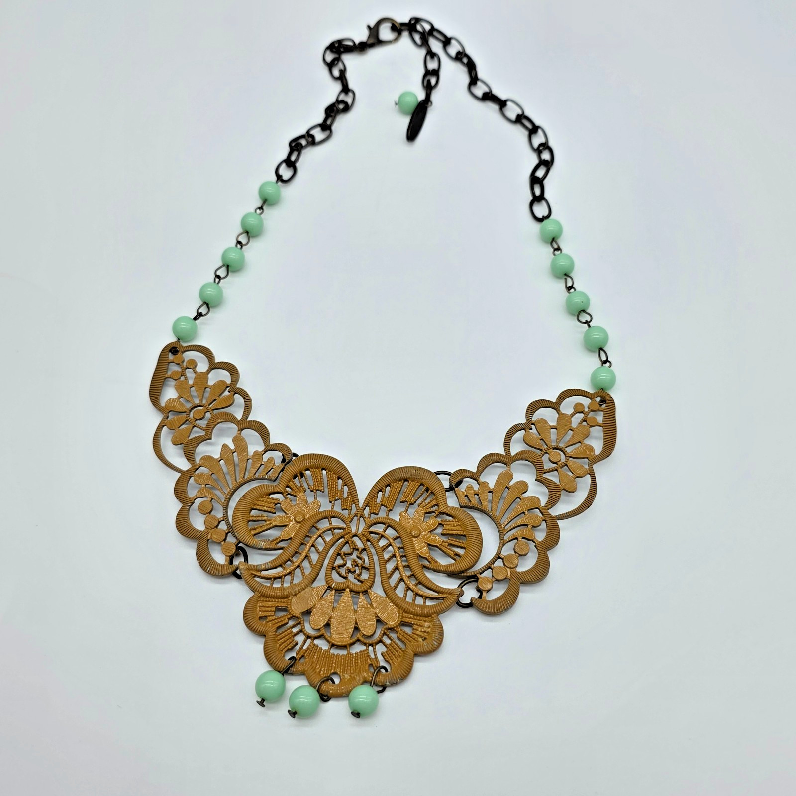 Plunder MAIZIE Bib Necklace Mustard Yellow Floral Lace Mint Green Beads 22”