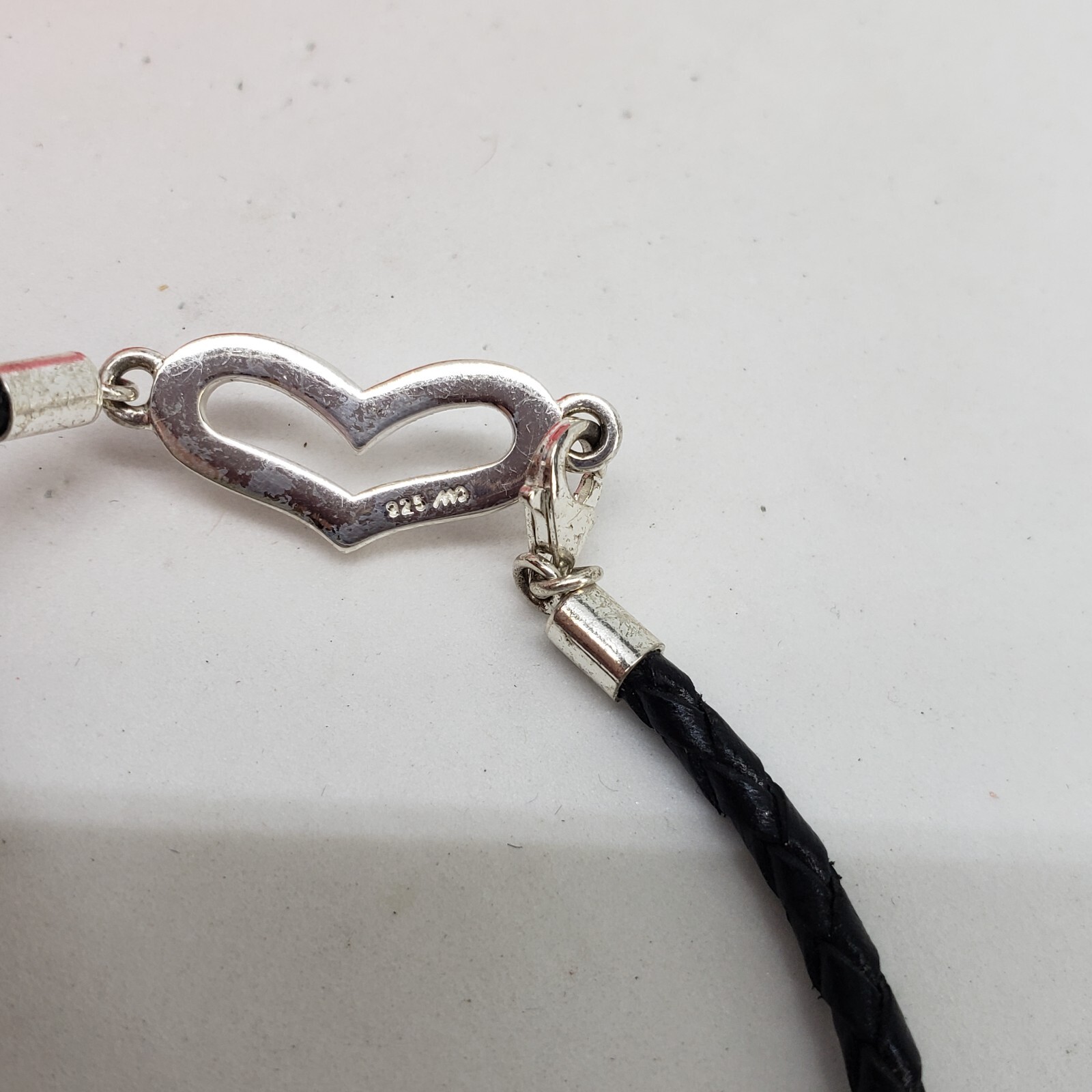 Marked 925 STERLING SILVER Crystal Heart Black Cord Bracelet