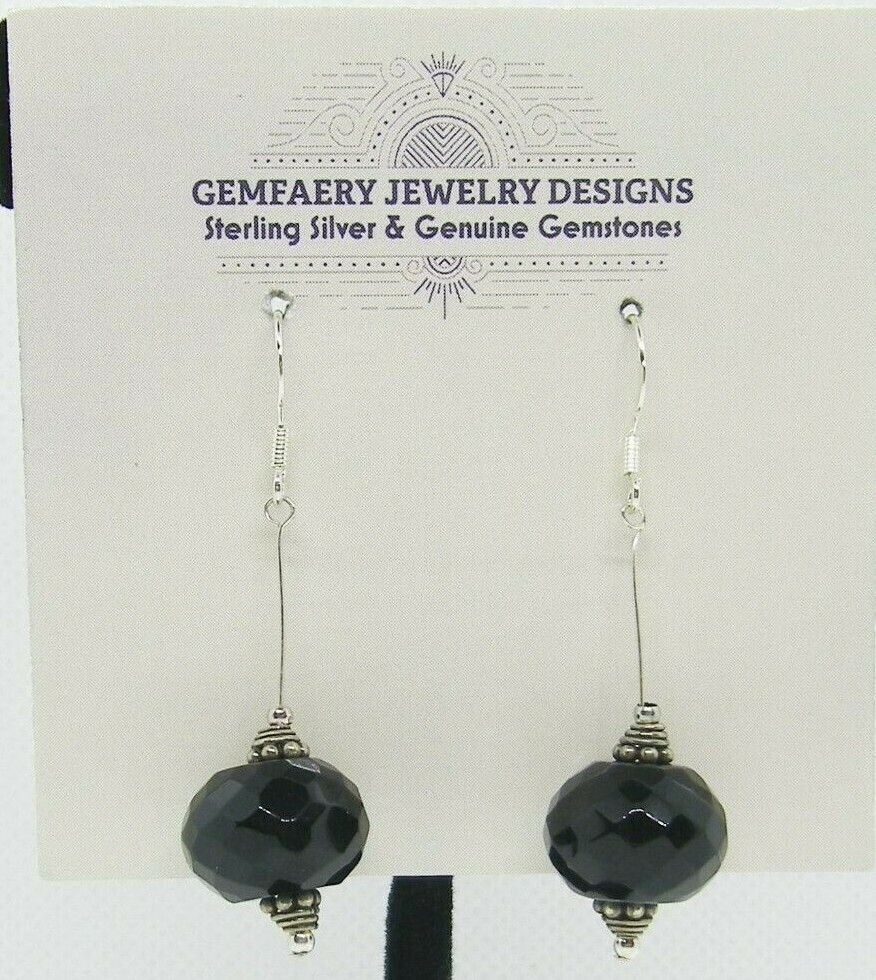 Sterling Silver Faceted BLACK ONYX Gemstone Long Dangle Earrings…Handmade USA