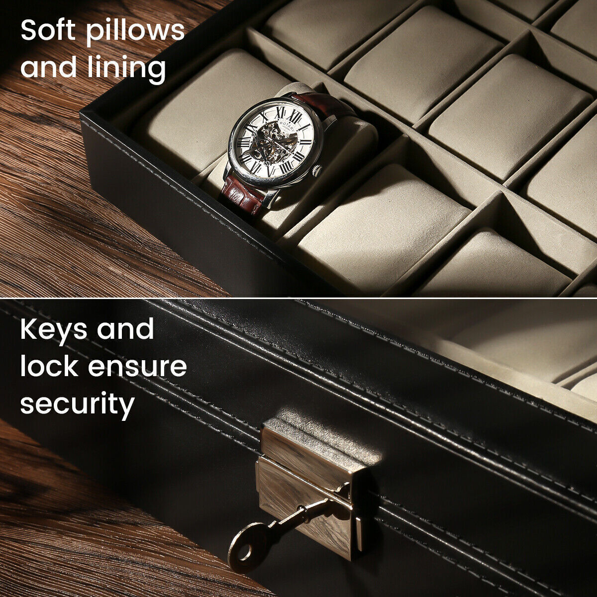 24 Slots Watch Box PU Leather Watch Case Organizer Watch Display Case Lockable