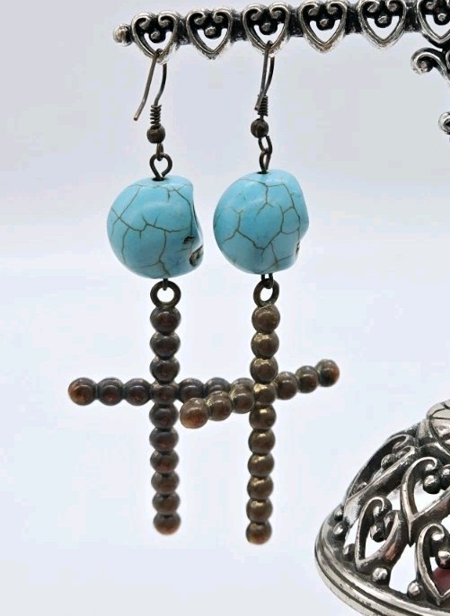 Turquoise Howlite Crystal Cross Drop Dangle & Skulls Earrings Halloween 3.75 in