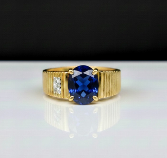 Handmade Blue Sapphire Ring 8x10mm Oval Gemstone Gold Textured Band Ring