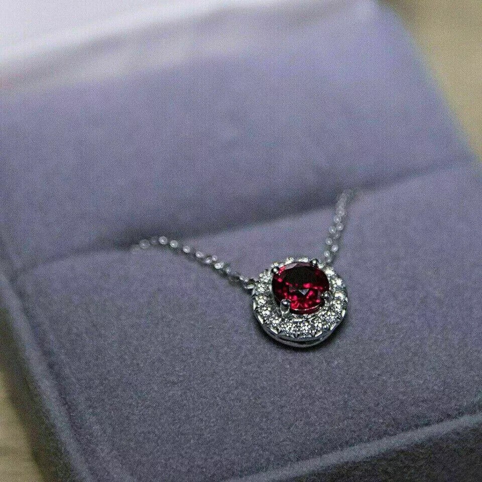 Round Cut Simulated Red Garnet Women’s Halo Fancy Pendant 14K White Gold Plated