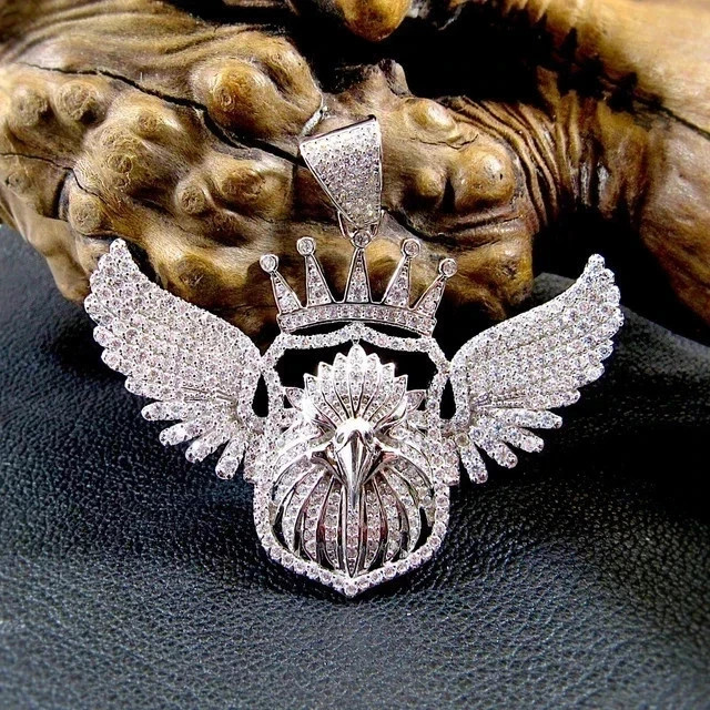 2.30Ct Round Cut Real Moissanite Crown Eagle Pendant 14K White Gold Plated