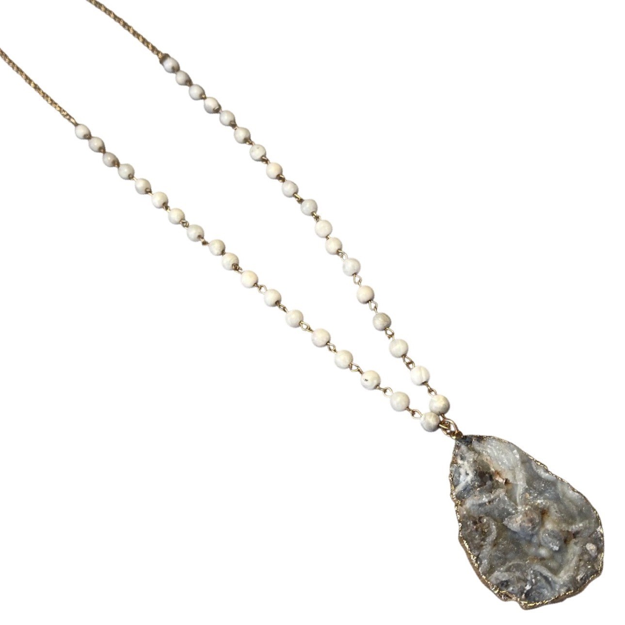 Nugget Necklace Gold Tone White Beaded Raw Stone Druzy Pendant Sliced Geode